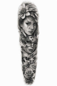 Forearm tattoo concept in black and grey featuring a grayscale female portrait with a flower; AI-generated project/idea.