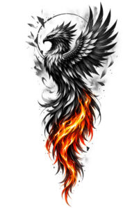 Color realism phoenix tattoo design in color; a stylized phoenix with outstretched wings and a fiery tail, concept sketch ideal for cover-up.