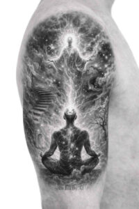 Forearm tattoo: figure, energy, halo in black & grey realism; AI-generated tattoo design concept; perfect for cover-up.