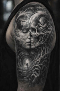 Skull portrait in black and grey realism on the upper arm; AI-generated concept, project idea, cover-up ready.