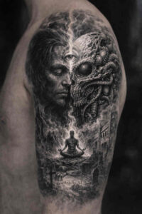 Two-sided black and grey tattoo with a lifelike portrait on the left and a skull on the right, featuring a distant boat and dark water; AI-generated concept, ideal for cover-up.