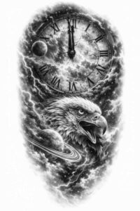 Dragon and clock tattoo in black and grey, AI-generated concept, cover-up-ready.