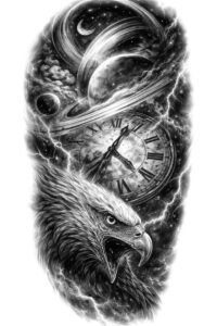 Wolf, bird, and moon in black and grey tattoo design; AI-generated concept; ideal project idea and perfect for cover-up.