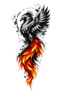 Phoenix in color with black wings, AI-generated tattoo design concept; project idea, suitable for cover-up.