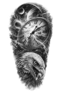 Black and grey tattoo concept featuring a raven head at the base and a detailed clockwork mechanism above, in a moody grayscale; AI-generated concept, ideal for a cover-up idea.