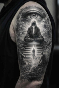 Hooded figure on stairs under a full moon in grayscale; black and grey tattoo project idea, cover-up suitable.