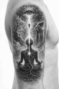 Black and grey tattoo design on arm featuring an eye above an obelisk and a solitary figure against a mountain backdrop; AI-generated concept, cover-up ready.