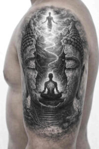 A black and grey tattoo design of a meditating silhouette within a circular mandala, with lightning and trees on the sides; AI-generated concept; ideal for a cover-up.
