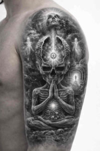 Black and grey tattoo design of a meditative skull deity with clasped hands, high-contrast shading, project concept, cover-up potential.