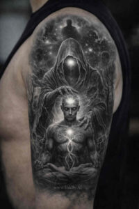 Dark black and grey tattoo design of a hooded skeleton above a ribcage with a full moon; monochrome project/idea, perfect for cover-up.