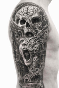 Skull mosaic tattoo in black and grey, AI-generated project idea, perfect for cover-up.