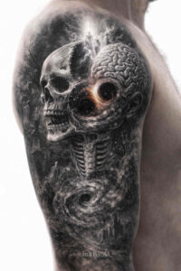 Black and grey tattoo design of a skull with biomechanical gears on the upper arm; AI-generated project idea, perfect for a cover-up.