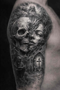 Black and grey tattoo design featuring a skull entwined with a woman's face and a small cross gravestone; AI-generated concept, ideal for cover-up.