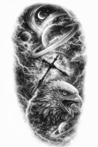 Black and grey tattoo featuring a raven, blade, and circle; AI-generated project idea; perfect for cover-up.