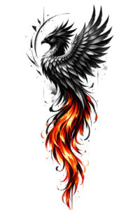 Colored phoenix with black wings and vivid orange-red flames, a concept tattoo design in color; AI-generated idea, suitable for cover-up.