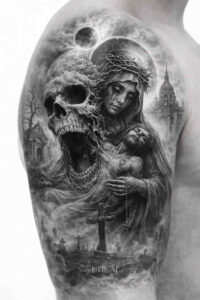 Bold black and grey tattoo design of a skull and hooded figure on the upper arm; AI-generated concept, project idea, perfect for a cover-up.