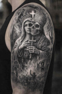 Sacred angel with cross, grayscale, AI-generated tattoo idea; cover-up suitable.