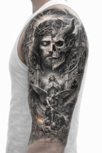 Skull and warrior silhouette in black and grey on a detailed sleeve, AI-generated concept, perfect for a cover-up.