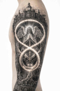 Black and grey tattoo design of a caduceus with wings and entwined snakes around a staff, architectural backdrop; concept artwork for an AI-generated project.