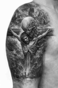 Grim reaper figure in a cloak amid rocks, black and grey, AI-generated tattoo idea; perfect for cover-up.