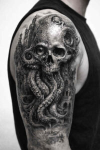 Skull with octopus tentacles on upper arm in black and grey realism; an AI-generated project, ideal for cover-up.