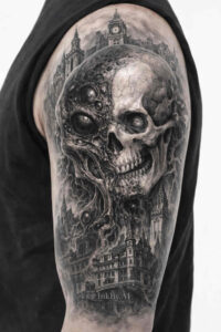 Skull and castle silhouette on a black-and-grey sleeve; black and grey tattoo design, AI-generated concept, cover-up-ready.