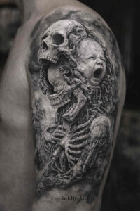 Two skeletons entwined in grayscale, forming an embrace; black and grey tattoo design concept, AI-generated, for a project/idea; suitable for cover-up.