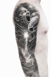 Dragon sleeve tattoo design in black and grey, a realistic AI-generated project on the arm, ideal for cover-up.