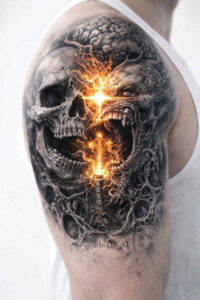 Black and grey fiery skull tattoo on upper arm with lava glow; AI-generated concept for cover-up.