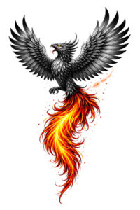 Phoenix with outstretched wings and fiery tail in black and grey with orange flames; project idea for a neo-traditional tattoo design.