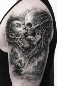A black and grey realism tattoo design on the upper arm featuring a grayscale skull fused with a demonic winged visage; AI-generated concept, project/idea, perfect for cover-up.