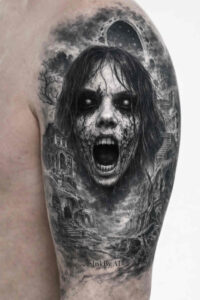 Dark grayscale tattoo design of a screaming face inside an oval frame, black and grey realism; concept idea, potential cover-up candidate.