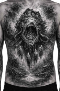 Demon maw black and grey tattoo design on the chest, project concept, perfect cover-up.