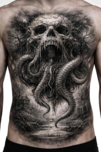 Black and grey tattoo of a skull with tentacles on the chest; project idea; cover-up ready.