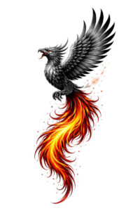Color phoenix tattoo design with black wings and blazing red-orange tail, AI-generated concept for a placement idea.