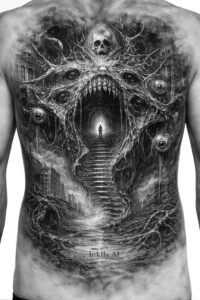 Skull, portal and tentacle design in black and grey, AI-generated concept tattoo idea, suitable as a cover-up.