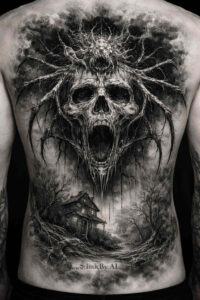 Black and grey tattoo design of a screaming skull with radiating branch-like spikes; project idea, perfect for a cover-up.