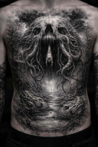 Black and grey chest tattoo featuring a skull entwined with branch-like tentacles; AI-generated concept, project idea, perfect for cover-up.