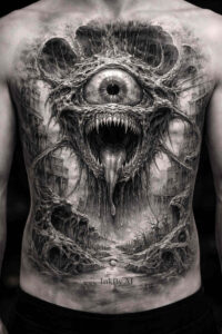 Black and grey blackwork tattoo on back featuring a cyclopean demon eye amid shadowy textures; AI-generated concept, project, cover-up perfect.