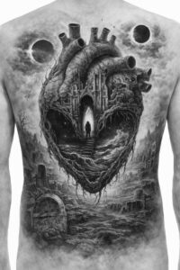 Black and grey realism tattoo idea of a heart-shaped chest piece with a doorway-house inside the heart; AI-generated concept, cover-up suitable.