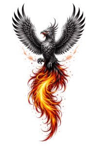Colorful phoenix with black wings and orange-red flames, a color tattoo design concept, AI-generated idea.