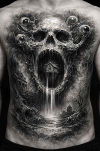 Back piece tattoo design in black and grey, a dark surreal composition with skulls and demon faces; AI-generated concept; perfect for cover-up; project idea.