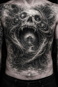 Dark black and grey skull with tentacle tattoo design idea; project concept suitable for cover-up.