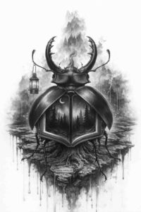 Helmet with horned kabuto in black and gray, smoke background; AI-generated tattoo design concept.