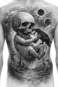 Bold black and grey tattoo design featuring a skull and an infant figure in grayscale; a project idea with strong cover-up potential.