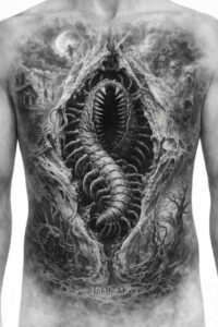Spine-centered black and grey serpent tattoo on the chest; AI-generated concept, project idea, cover-up ready.