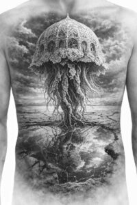 Jellyfish tattoo in black and grey realism on chest; a project idea with cover-up potential, AI-generated concept.