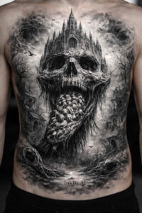 Black and grey tattoo design of a skull with a tentacle maw; project idea, perfect for a cover-up.