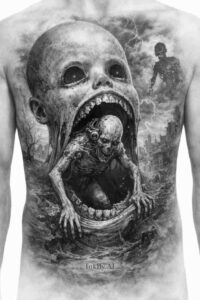 Dark black and grey realism tattoo design depicting a skull with an infant inside the open mouth; a project idea in monochrome, perfect for cover-up.