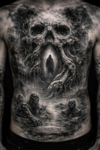 Large black and grey backpiece featuring a central skull void surrounded by roots and mist; AI-generated project concept, ideal for cover-up.